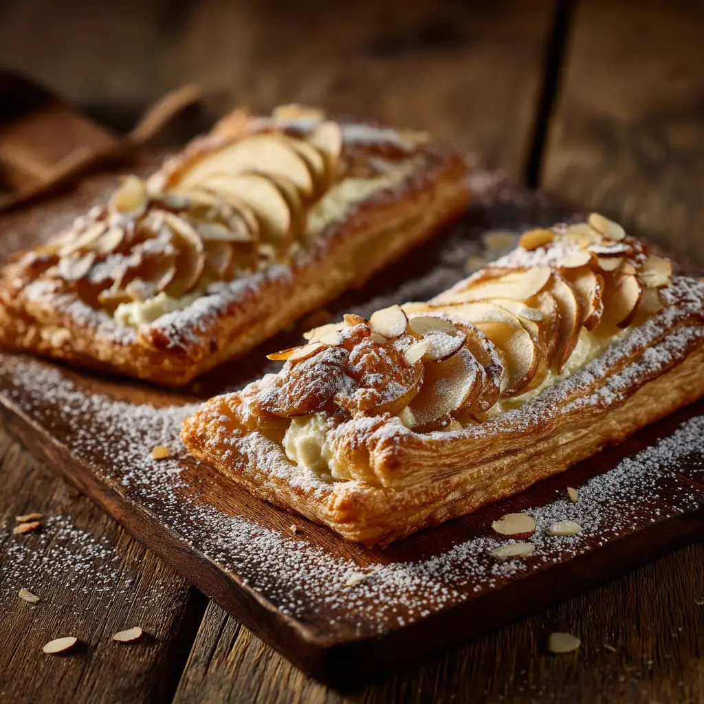A close-up of the braided puff pastry on an apple cream cheese danish before baking, showing the assembly process.