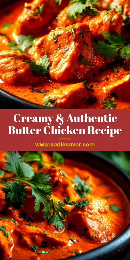 An overhead shot of a rich and creamy Butter Chicken Recipe in a traditional karahi, garnished with fresh cilantro and a swirl of cream, ready to be served.