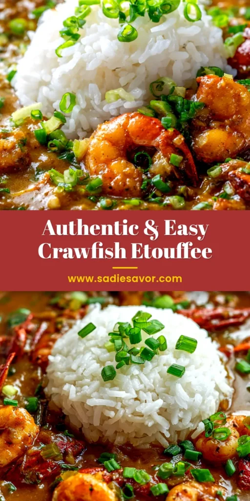 A delicious bowl of authentic Louisiana Crawfish Etouffee Recipe served over fluffy white rice, garnished with fresh green onions. A classic Cajun comfort food.