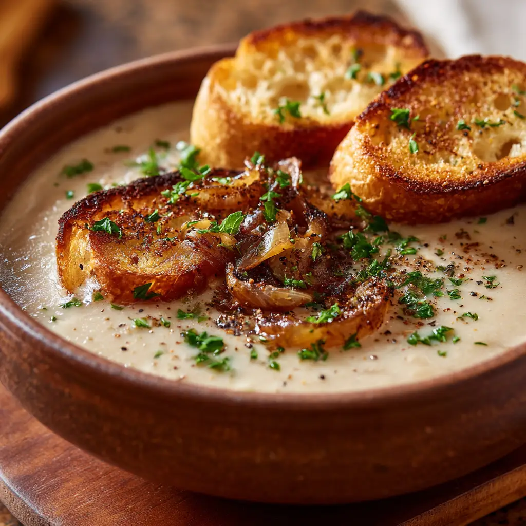 Country French Garlic Soup: A Rustic & Comforting Recipe 2 A close-up shot of a rustic brown bowl filled with authentic French garlic soup, garnished with fresh parsley.