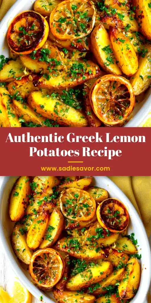 A top-down view of crispy Greek lemon potatoes in a white baking dish, garnished with fresh parsley. The perfect authentic recipe for roasted lemon potatoes.