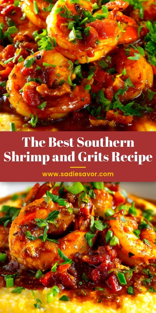 A beautiful bowl of authentic Southern shrimp and grits. This delicious shrimp and grits recipe is topped with bacon and fresh parsley, ready to be served.