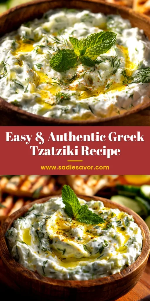 An overhead shot of a bowl of creamy, authentic Greek Tzatziki Recipe, garnished with fresh dill and a drizzle of olive oil, with pita bread on the side.