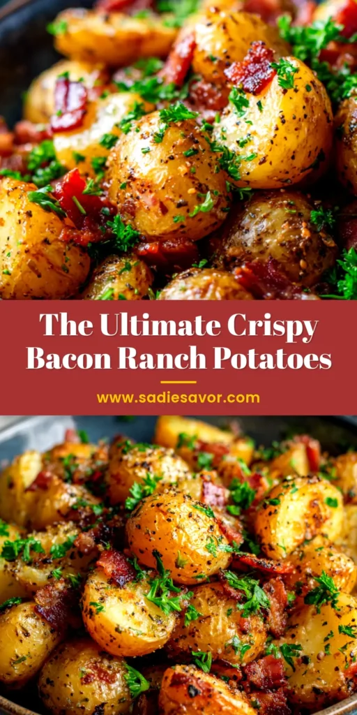 A top-down view of a cast iron skillet filled with crispy bacon ranch potatoes, topped with melted cheddar cheese and fresh green onions.