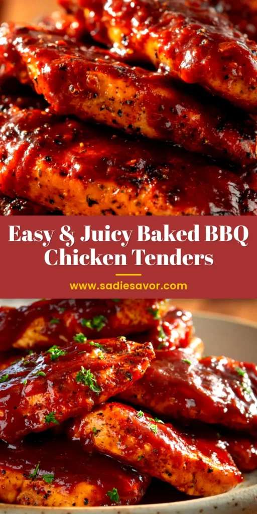 A platter of crispy Baked BBQ Chicken Tenders, glistening with sauce and ready to be served. A healthy and easy dinner recipe.