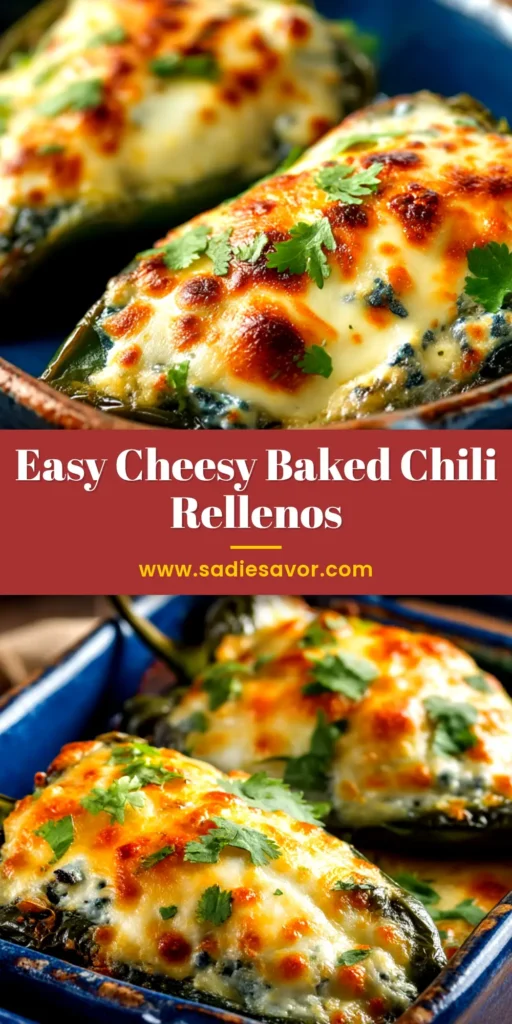 A close-up shot of cheesy Baked Chili Rellenos in a red baking dish, showcasing the golden-brown topping and melted cheese.