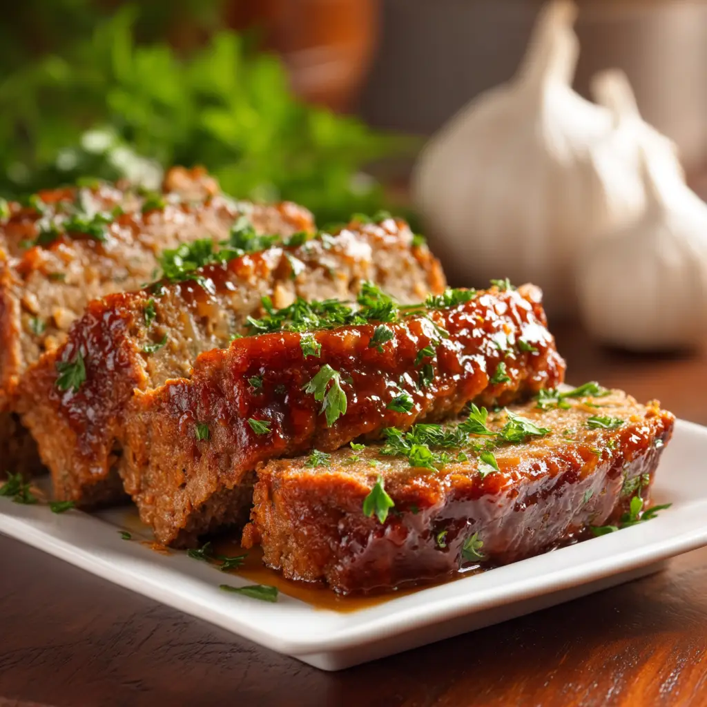 Garlic Parmesan Meatloaf: The Ultimate Comfort Food Recipe 1 A beautiful overhead shot of the full garlic parmesan meatloaf, freshly baked with a caramelized glaze, ready to be served for dinner.