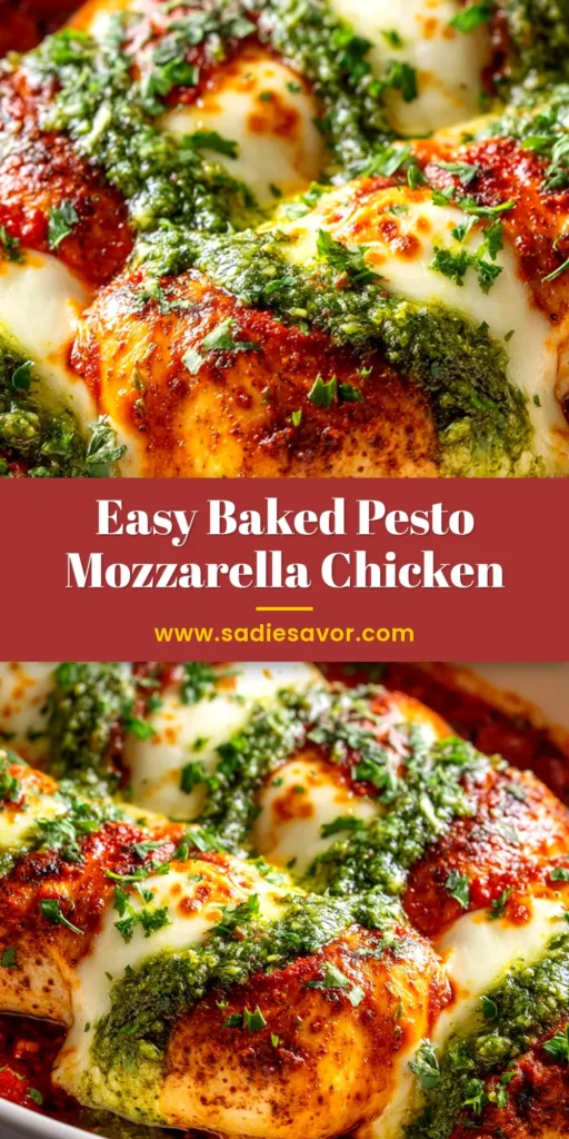 Baked Pesto Mozzarella Chicken (The Easiest, Juiciest Recipe!) 3 A close-up of Baked Pesto Mozzarella Chicken in a white baking dish, topped with melted cheese and fresh basil. The perfect easy weeknight dinner idea.