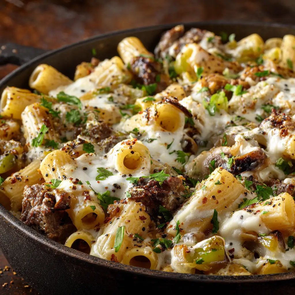 A rustic baking dish filled with baked Philly cheesesteak mac and cheese, with a bubbly, golden-brown provolone cheese topping.