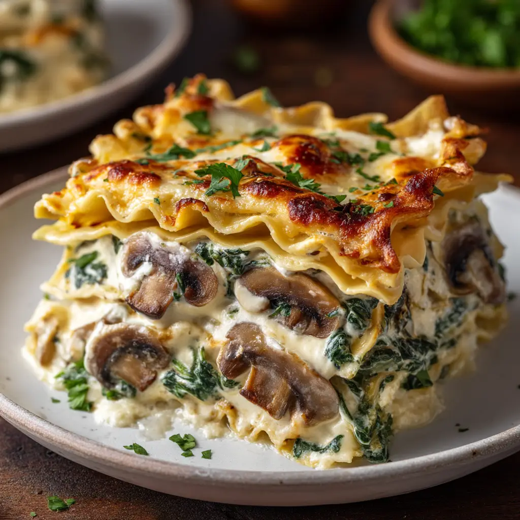 A beautifully browned and bubbly pan of freshly baked spinach and mushroom lasagna ready to be served.