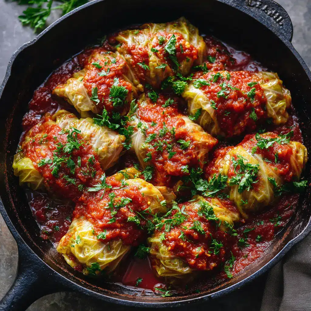 A close-up shot showing the texture and detail of baked cabbage rolls in a savory sauce. The cabbage leaves are tender and the filling is perfectly cooked.