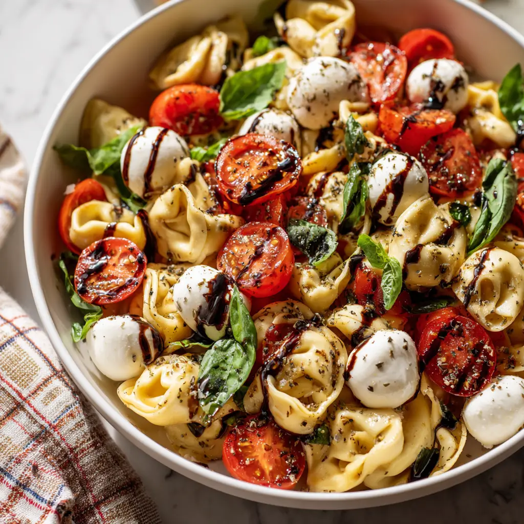 A large white serving bowl filled with the finished balsamic tortellini salad, drizzled with glaze and ready to serve.