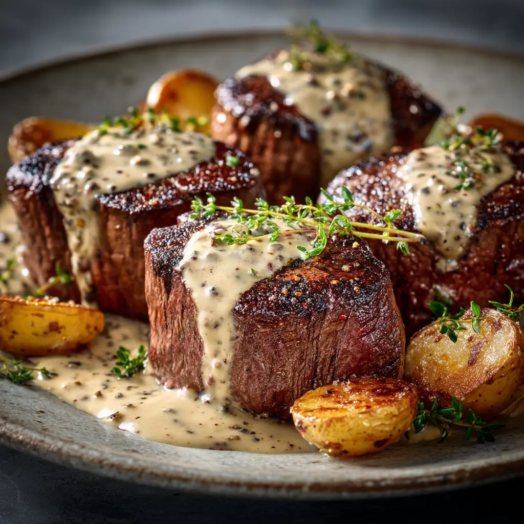 A filet mignon steak being basted with butter, garlic, and thyme in a cast-iron skillet for a perfect pan-seared finish.
