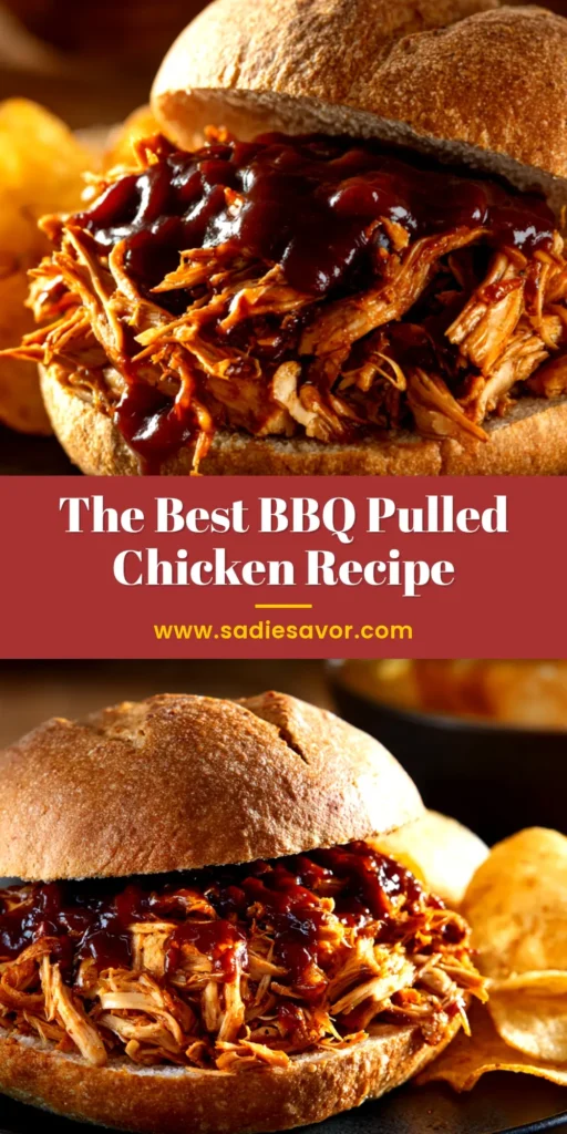 An overhead shot of a perfectly assembled BBQ pulled chicken sandwich on a brioche bun, overflowing with juicy, saucy shredded chicken and topped with creamy coleslaw. A side of pickles is visible on the rustic wooden board.