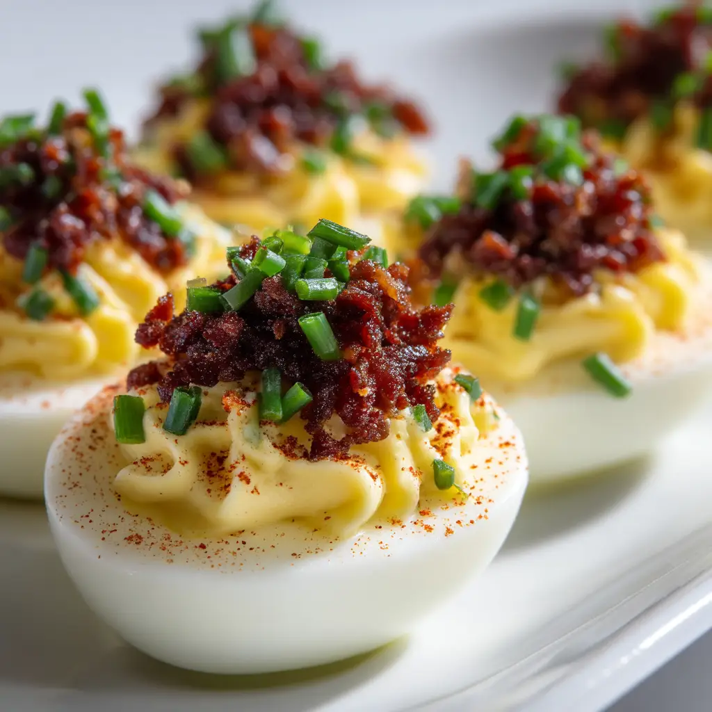 A platter of gourmet deviled eggs with beef bacon, ready to be served as a party appetizer.