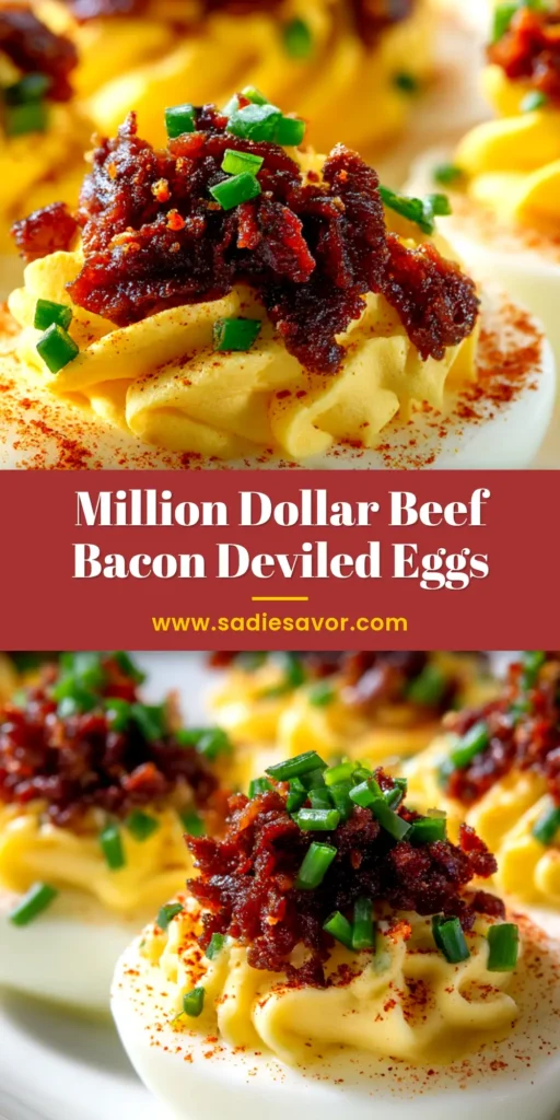 A close-up overhead shot of the finished Beef Bacon Deviled Eggs Recipe, garnished with crispy bacon and fresh chives on a white plate.