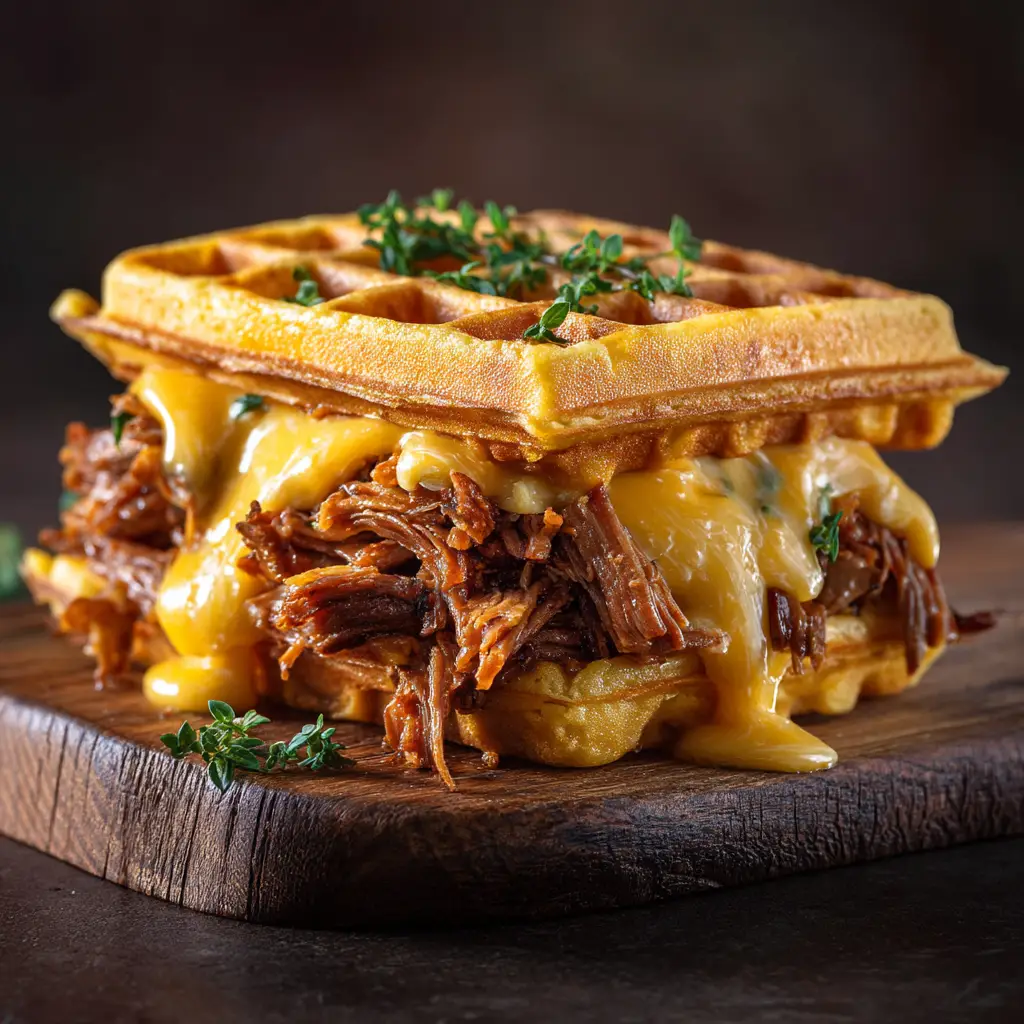 A side-view of the beef brisket melt, showing the thick layers of meat and gooey melted cheddar cheese oozing from the sides of the waffle sandwich.