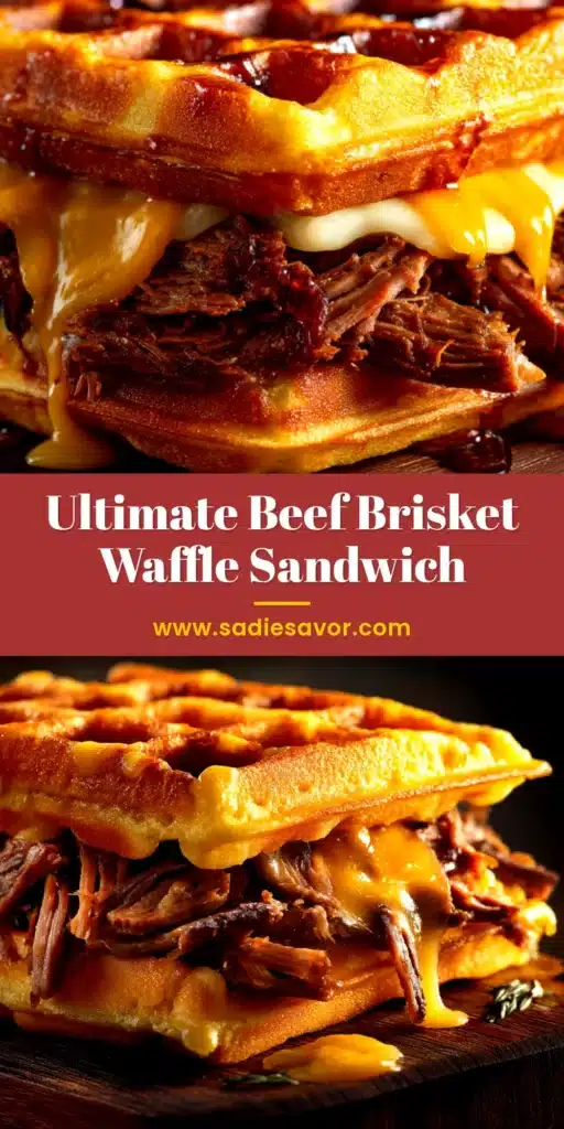 An overhead shot of a delicious Beef Brisket Waffle Sandwich, cut in half to show the layers of tender brisket and melted cheese, served on a rustic wooden board.