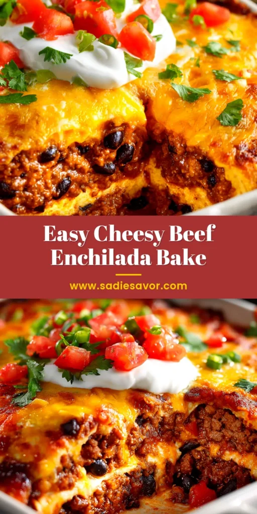 Beef Enchilada Bake: The Ultimate Cheesy & Easy Recipe 3 A delicious and cheesy Beef Enchilada Bake in a casserole dish, with a slice taken out to show the layers of ground beef, tortillas, and sauce. Perfect for a family dinner.