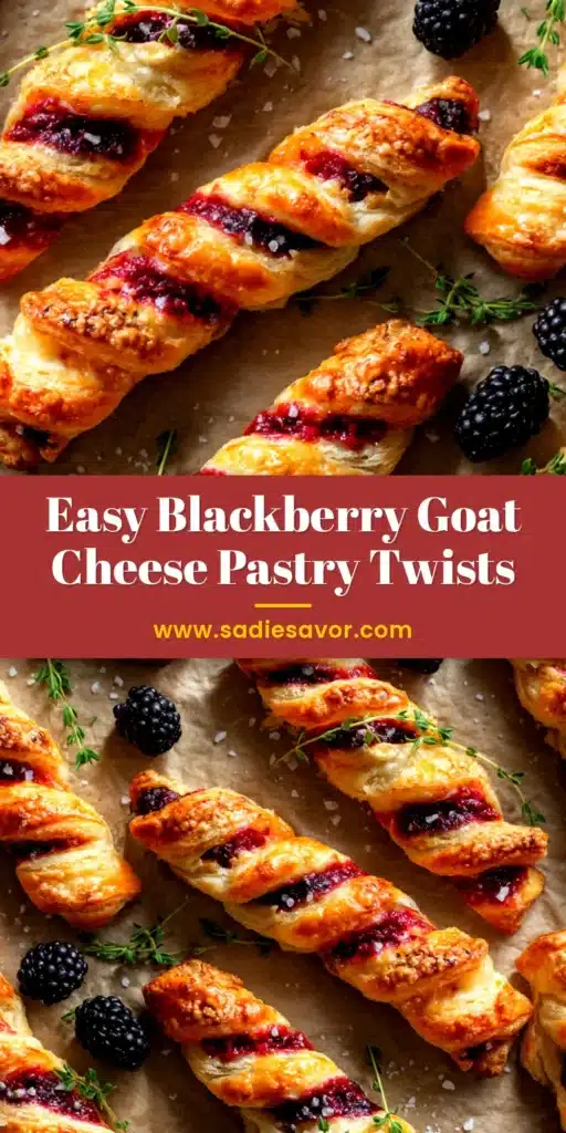 A stunning rectangular Blackberry Goat Cheese Puff Pastry tart, drizzled with honey and garnished with fresh thyme, sliced and ready to be served.