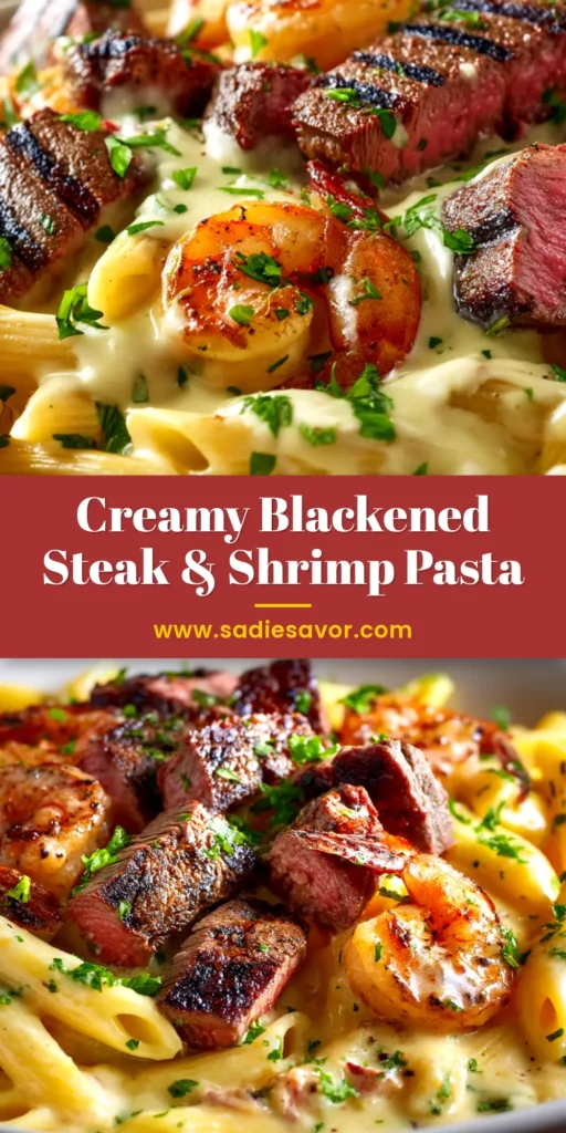 A close-up shot of a white bowl filled with Blackened Steak and Shrimp Alfredo, garnished with fresh parsley. The steak is perfectly sliced and the shrimp are plump.
