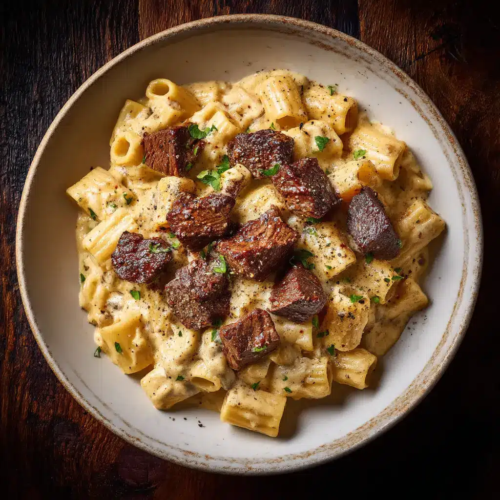 Cajun Steak Pasta: A Creamy, Spicy, 30-Minute Meal 1 A finished plate of blackened steak pasta, garnished with fresh herbs. The dish is presented in a modern white bowl on a dark surface.