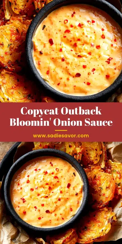 A small white bowl filled with creamy orange Bloomin Onion Sauce, with a whisk resting in it and spices sprinkled around the bowl. The perfect Outback copycat recipe.
