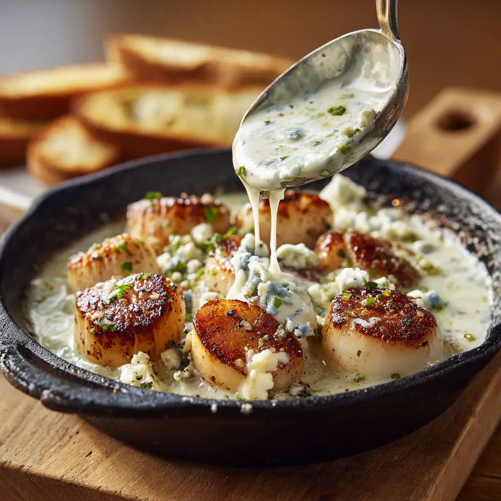 A bowl of finished blue cheese dip surrounded by fresh celery sticks and carrots for dipping.