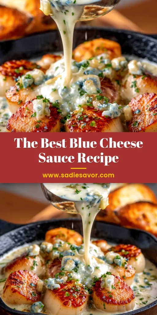 A shareable pin image for the best Blue Cheese Sauce Recipe, showing a bowl of creamy sauce next to chicken wings.