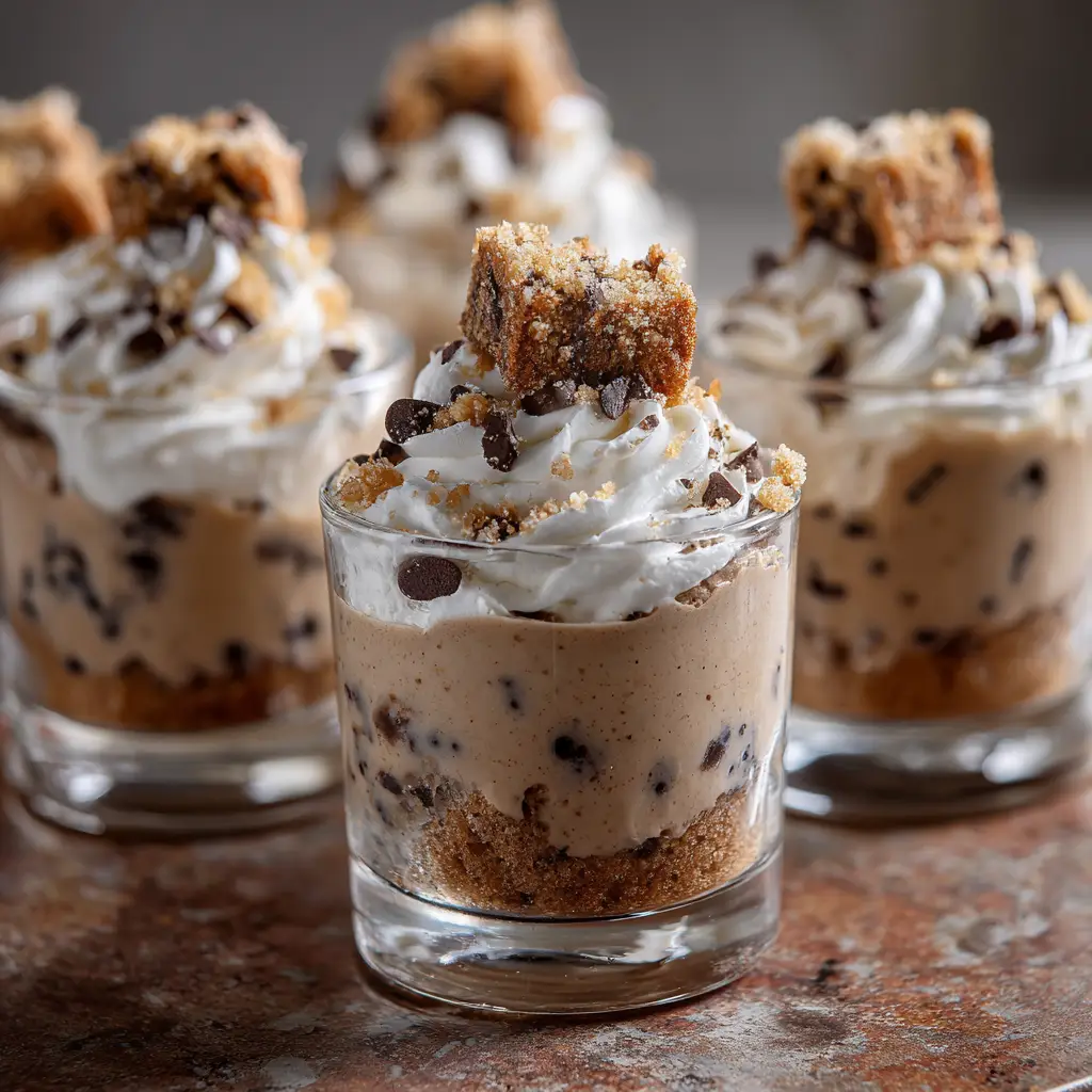 A bowl of the finished chocolate chip pudding mixture before being portioned into shot glasses.