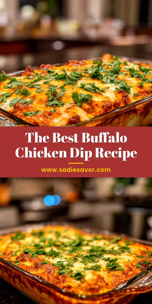 An overhead shot of the best buffalo chicken dip recipe in a white baking dish, surrounded by tortilla chips and celery. The perfect easy party appetizer.