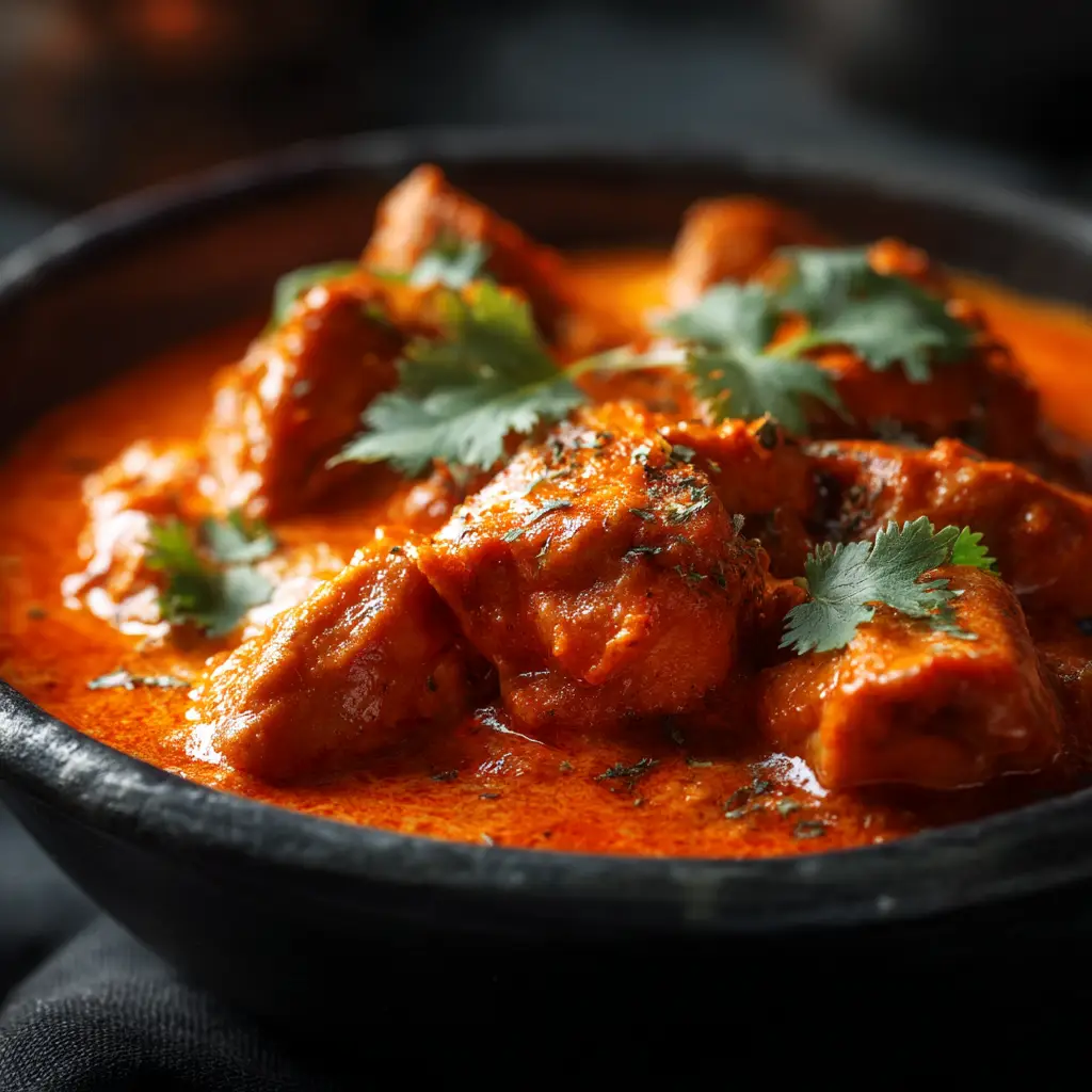 A bowl of authentic butter chicken served with a side of fluffy basmati rice and warm naan bread, garnished with cilantro.