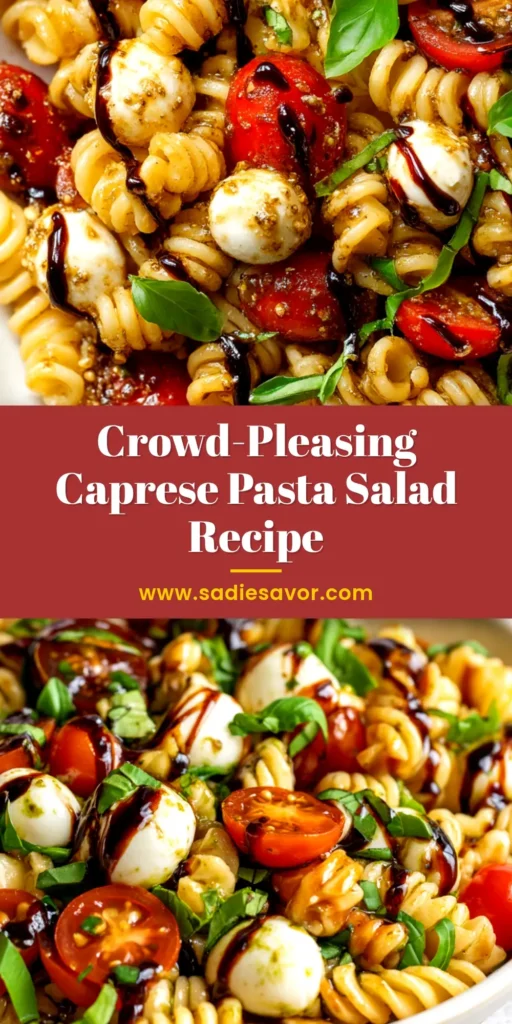 A beautiful overhead shot of a Caprese Pasta Salad in a white serving bowl, showing the vibrant colors of tomatoes, mozzarella, and basil. Perfect for a refreshing summer meal.