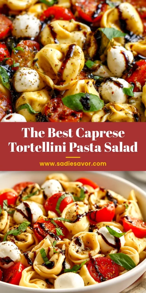 An overhead shot of a vibrant Caprese tortellini pasta salad in a white bowl, ready to be pinned. The salad features cheese tortellini, red cherry tomatoes, white mozzarella pearls, and green basil.