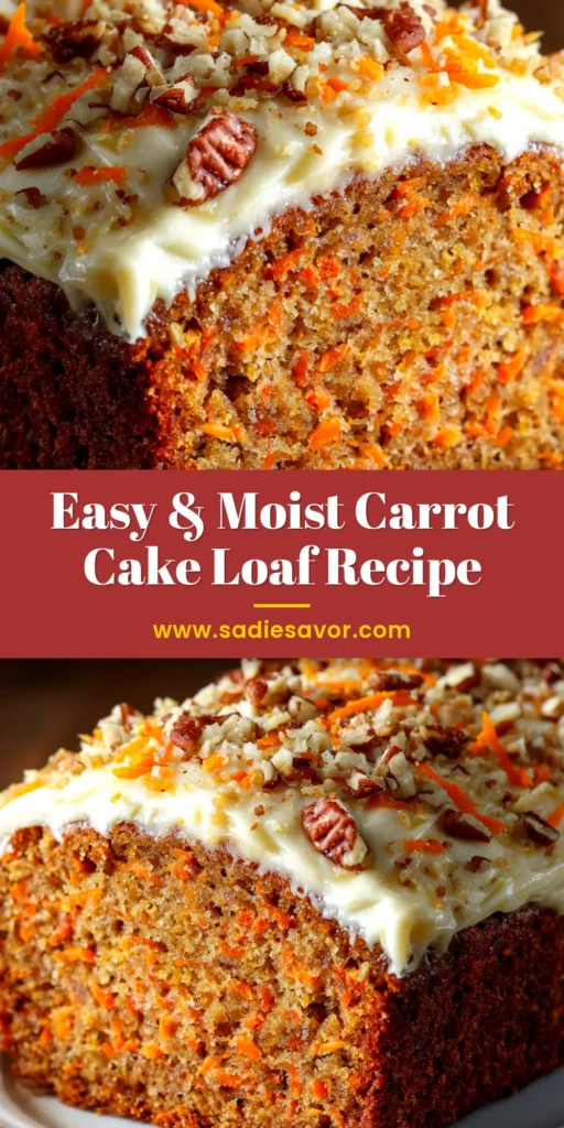 Carrot Cake Loaf Recipe (That's Incredibly Moist!) 4 A beautiful overhead shot of a carrot cake loaf recipe with thick cream cheese frosting, with one slice cut and placed in front. The loaf is garnished with walnuts.