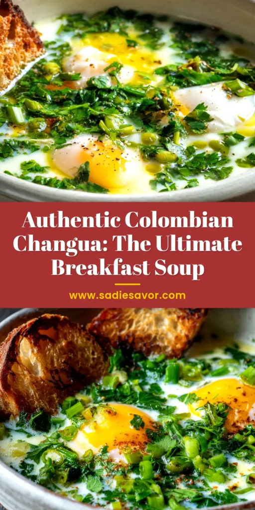 A delicious and authentic bowl of Colombian Changua, a milk and egg soup. The image shows a perfectly poached egg in a creamy broth, garnished with fresh cilantro and scallions.