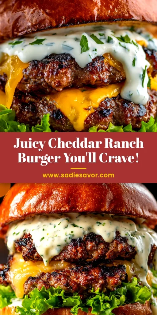 Cheddar Ranch Burger: The Ultimate Juicy & Flavorful Recipe 3 A perfectly assembled Cheddar Ranch Burger on a wooden board, with a side of french fries. The burger is topped with melted cheddar, creamy ranch, lettuce, and tomato on a brioche bun.