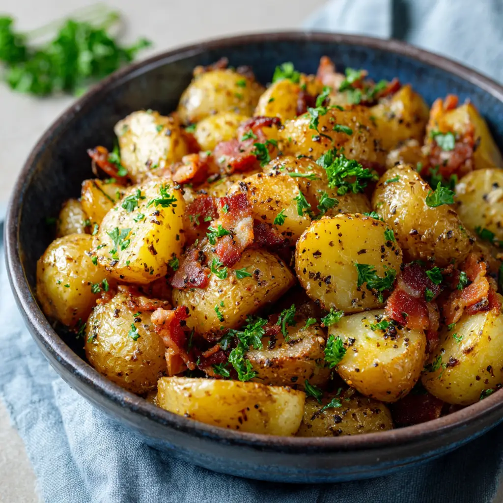 A spoonful of cheesy bacon ranch potatoes being lifted from a baking dish, with a visible cheese pull.
