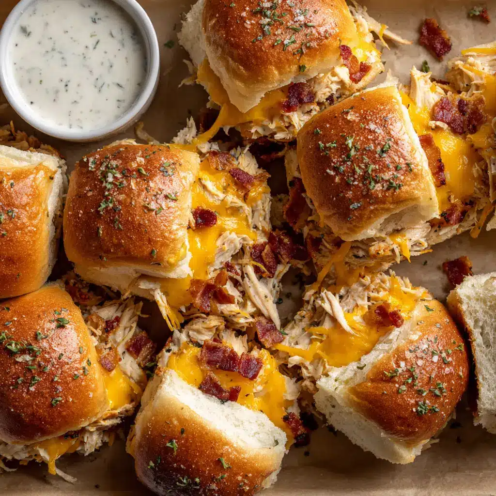 A close-up of a single chicken bacon ranch slider being pulled from the pan, showing the cheesy, creamy filling.