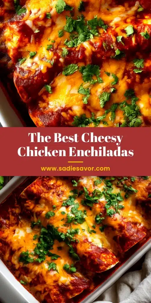 A close-up shot of cheesy chicken enchiladas in a white baking dish, topped with fresh cilantro. The enchiladas are golden brown and bubbling.