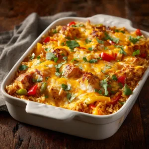 A close-up shot of the cheesy chicken fajita bake, highlighting the creamy sauce and tender cooked bell peppers and onions.