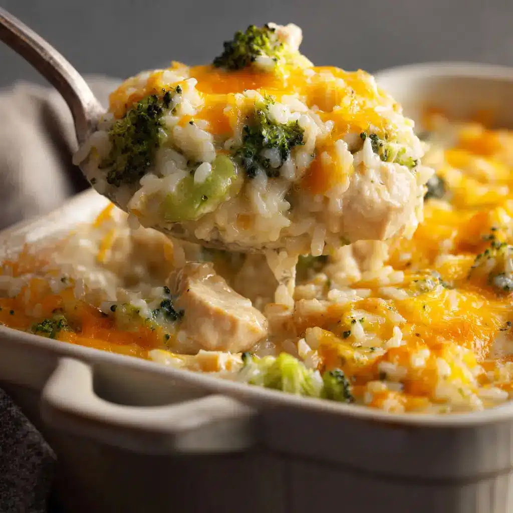 Chicken Broccoli and Rice Casserole (The Ultimate Comfort Meal) 1 A scoop of the cheesy chicken and rice casserole on a spoon, lifted from the baking dish to show the creamy interior.
