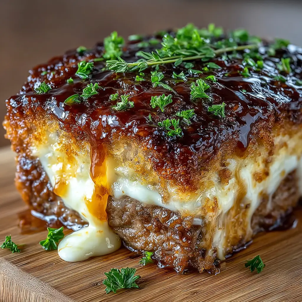 A slice of cheesy caramelized onion meatloaf being served, with a cheese pull from the Gruyère topping, emphasizing its delicious, melty quality.