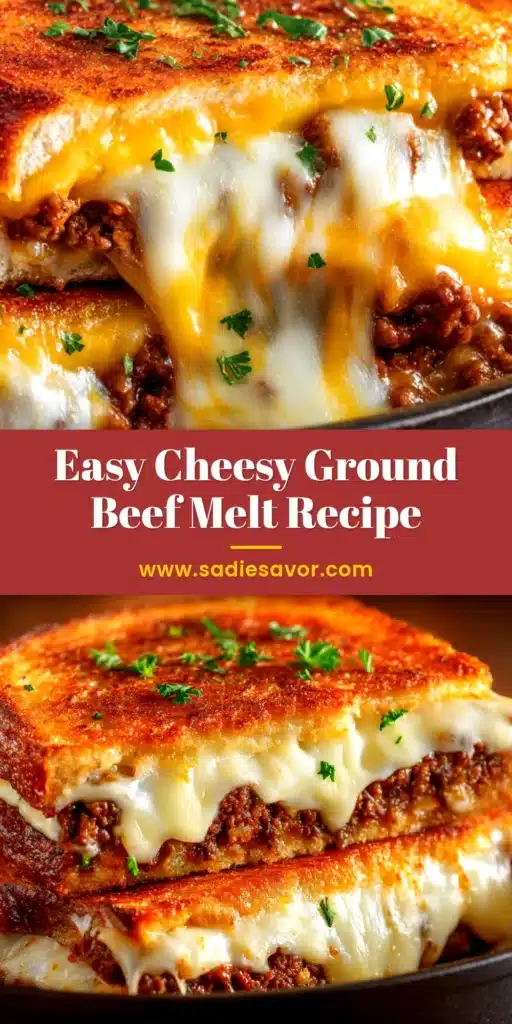 A perfectly grilled Cheesy Ground Beef Melt cut in half to show the juicy ground beef, caramelized onions, and gooey melted cheese inside.