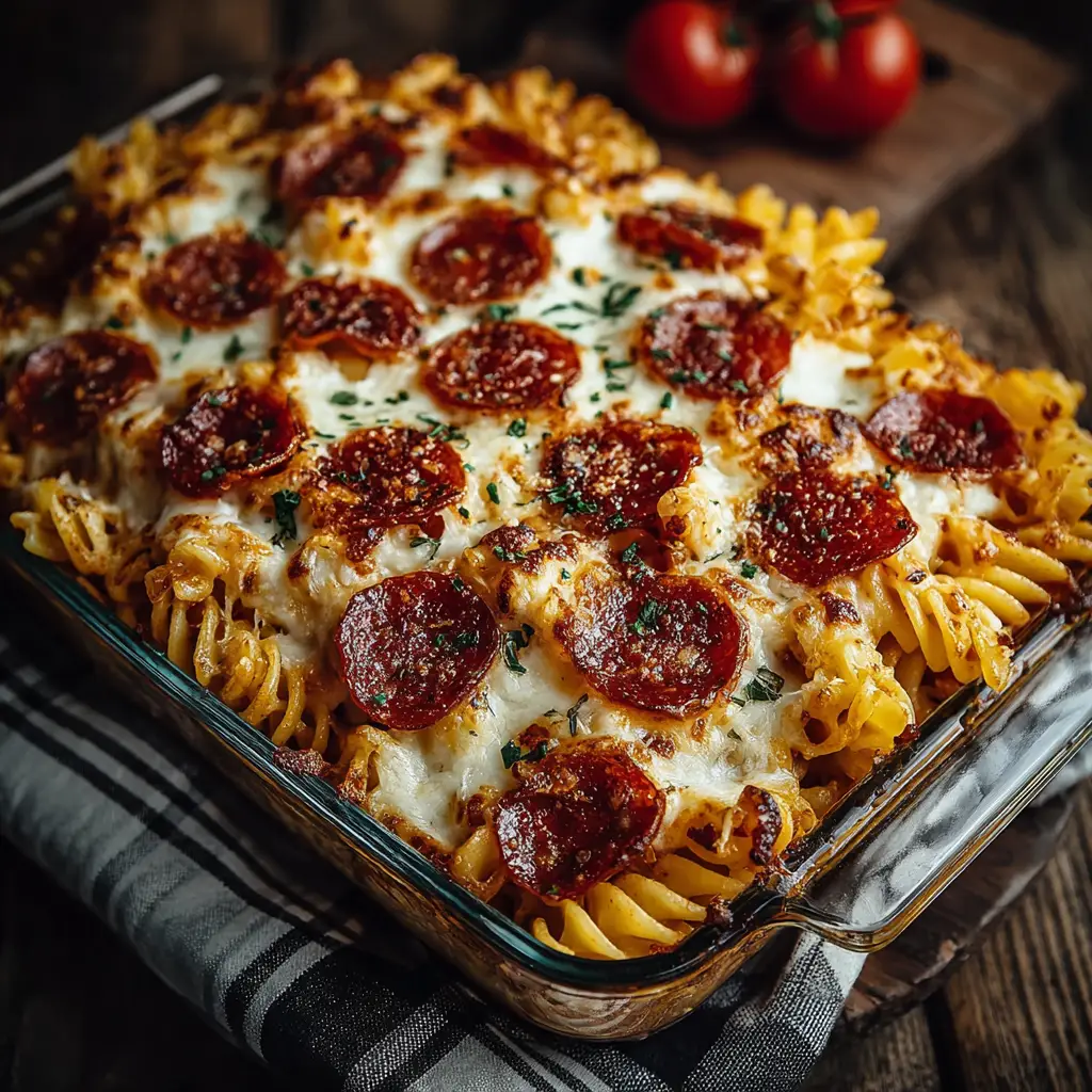 A close-up spoonful of cheesy pepperoni pizza pasta bake being lifted from a casserole dish, showing off a perfect cheese pull.