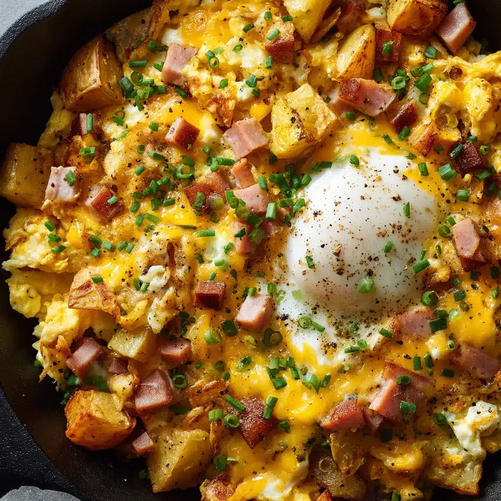 Cheesy Potato Egg Scramble (Easy & Delicious) 2 A close-up overhead view of the Cheesy Potato Egg Scramble in a skillet, highlighting the texture of the crispy potatoes and melted cheese.