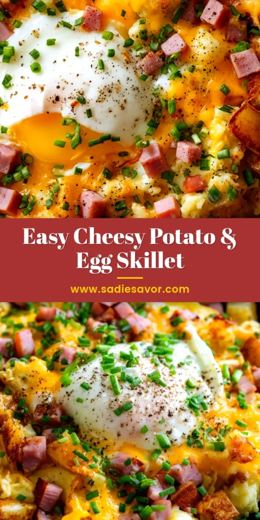 Cheesy Potato Egg Scramble (Easy & Delicious) 3 A delicious and easy Cheesy Potato Egg Scramble served in a cast-iron skillet, perfect for a hearty breakfast or brunch.