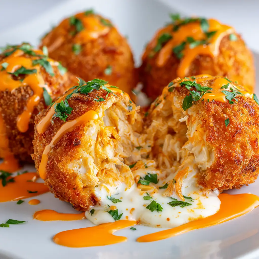 A detailed view of cheesy buffalo chicken bombs right out of the oven, with steam rising from them.
