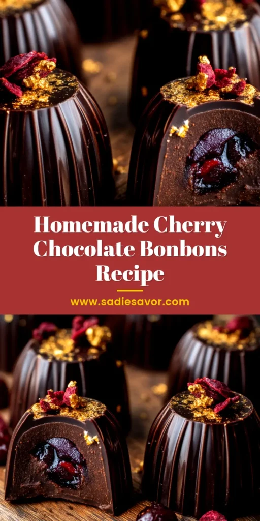 A beautiful flat lay of homemade Cherry Chocolate Bonbons, showcasing their glossy dark chocolate shells and rich cherry filling.
