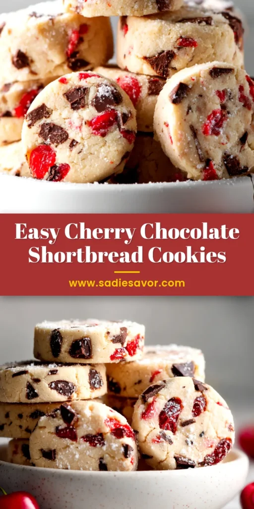 A stack of thick Cherry Chocolate Chip Shortbread Cookies tied with twine, with one cookie broken to show the texture inside.